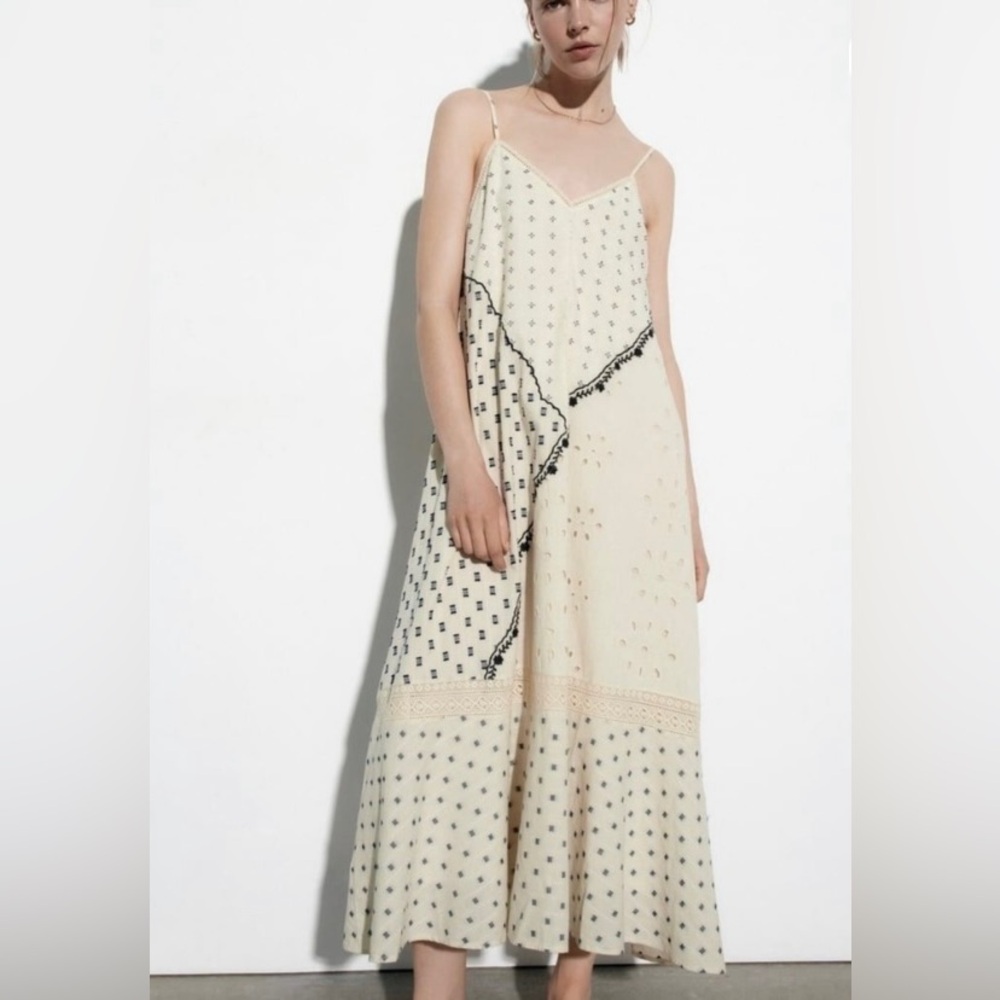 Zara Embroidered Eyelet Textured Patchwork Midi Dress